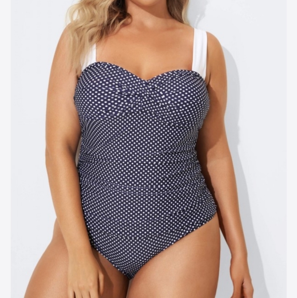Meet Curvy Womens 3X Navy & White Polka Dots Retro One Piece Swimsuit NWT